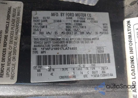 2007 Ford Expedition Eddie Bauer из США, поврежденный, VIN 1FMFU18517LA74455